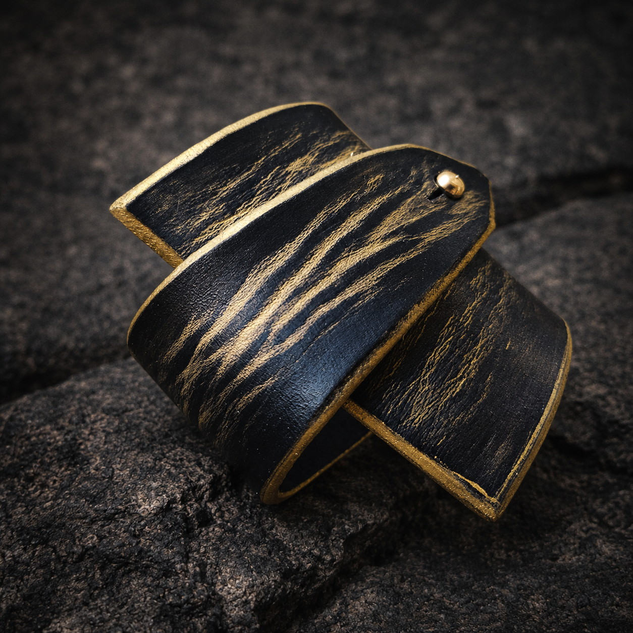 Black Leather Wrap Bracelet with Gold Geometry - Personalized Option Statement