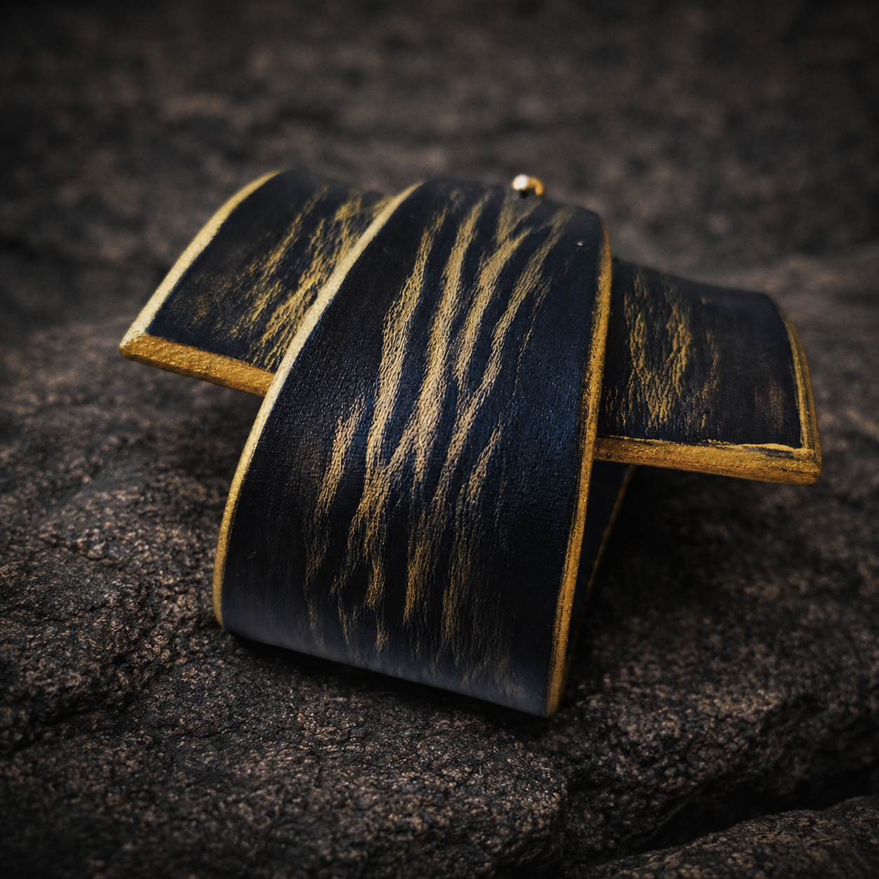 Black Leather Wrap Bracelet with Gold Geometry - Personalized Option Statement