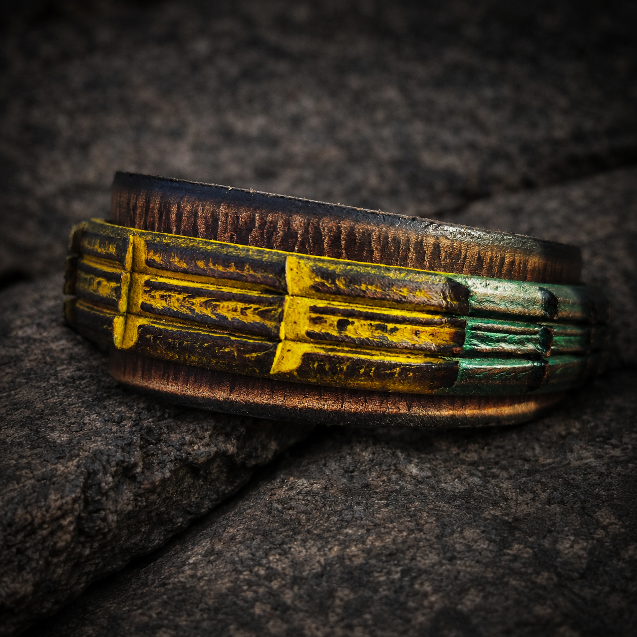 Brown Leather Mens Wrap Cuff Bracelet  Rasta Color  Crocodile Texture  Ishaor
