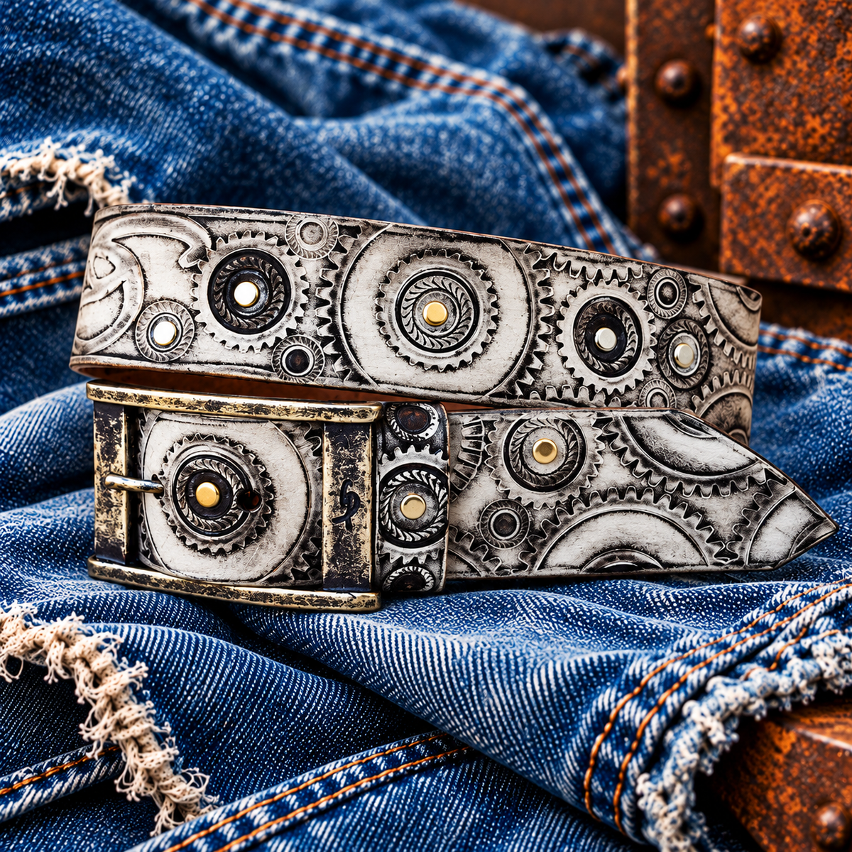 Close-up of white leather belt with antique silver buckle, gear stamping and brass rivets
