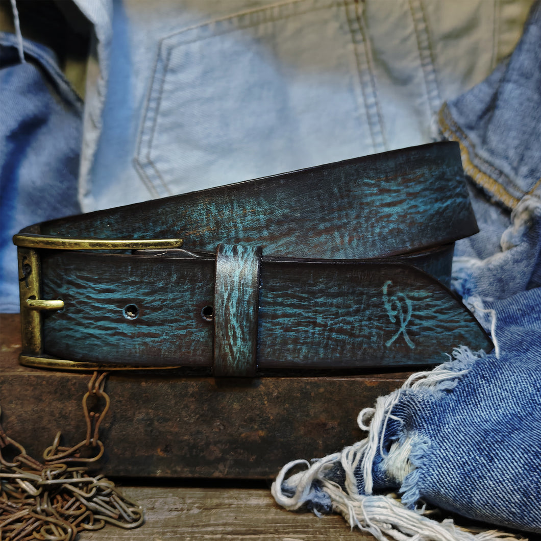 Distressed Turquoise Leather Belt - Personalized Statement Piece for Jeans - Rough Finish Stunning Design - Perfect Gift Option