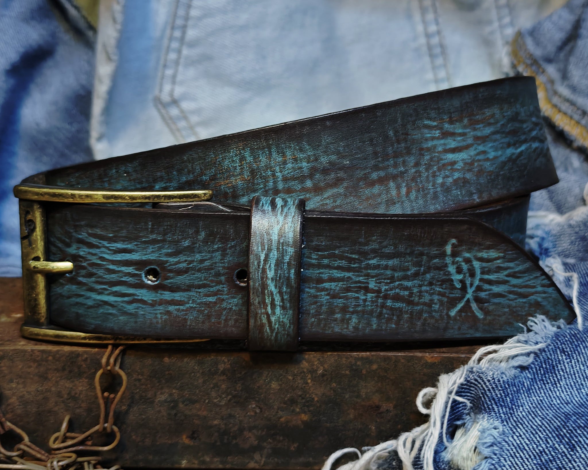 Distressed Turquoise Leather Belt - Personalized Statement Piece for Jeans - Rough Finish Stunning Design - Perfect Gift Option