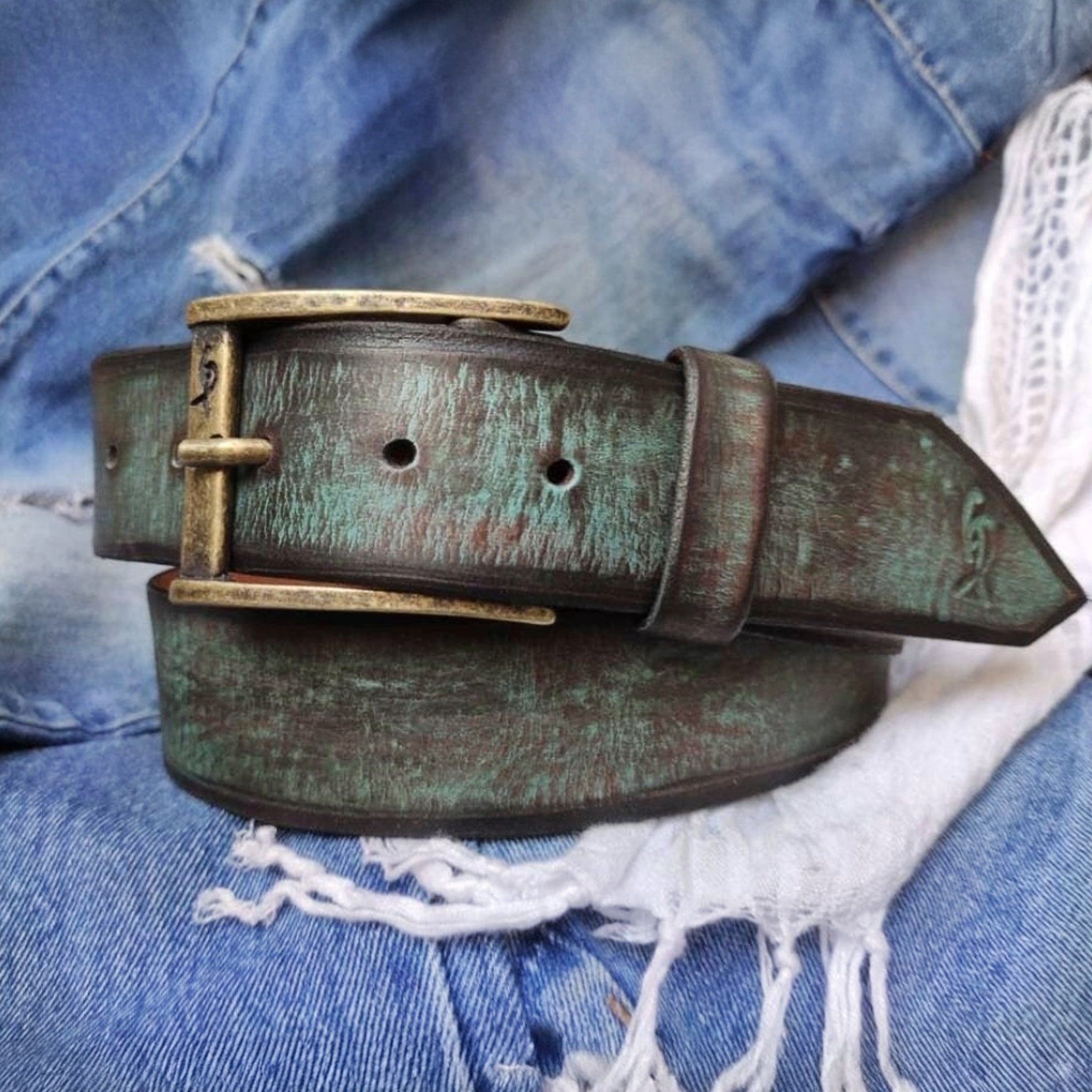 Distressed Turquoise Leather Belt - Personalized Statement Piece for Jeans - Rough Finish Stunning Design - Perfect Gift Option
