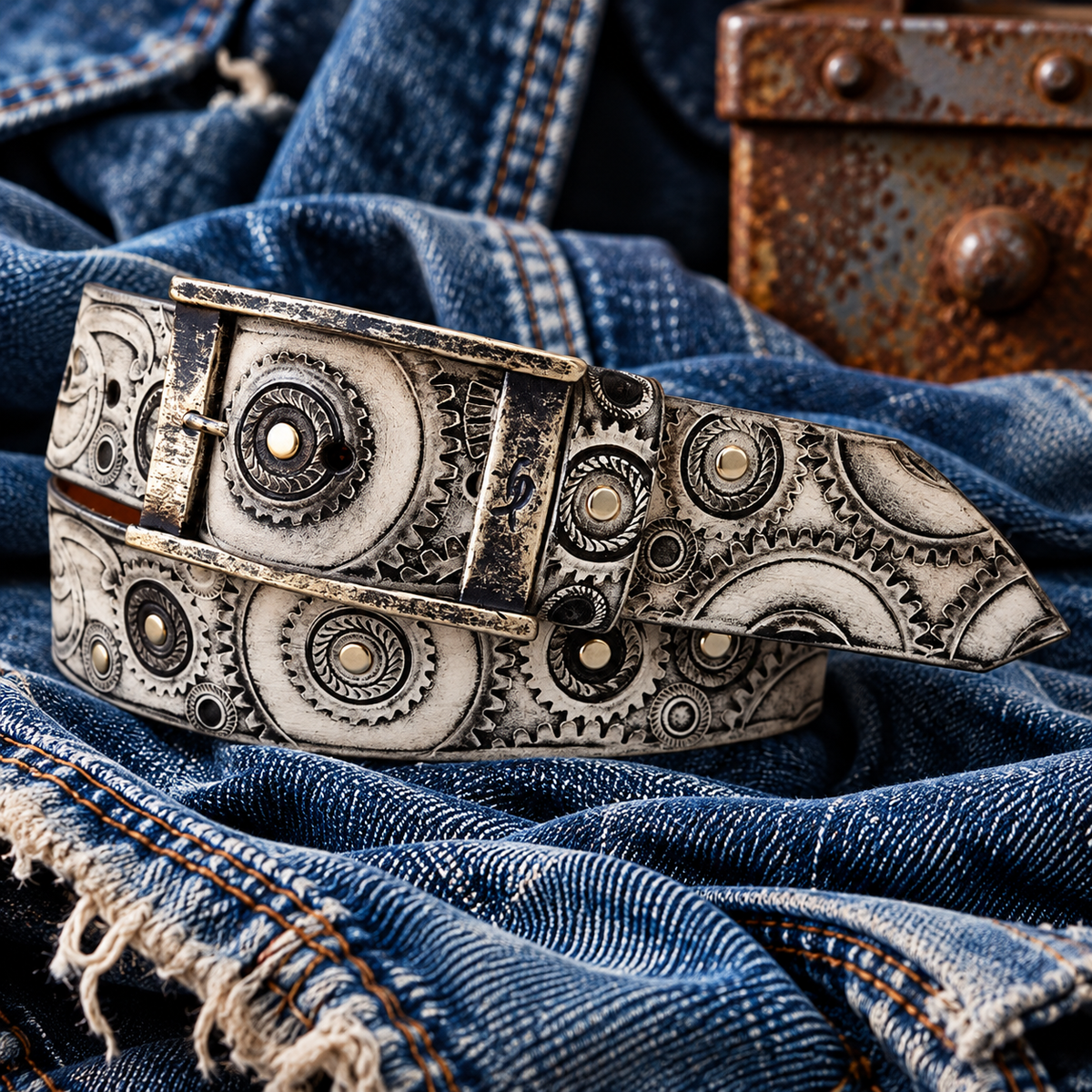 Distressed white leather belt with black-wash gear pattern, coiled on worn denim