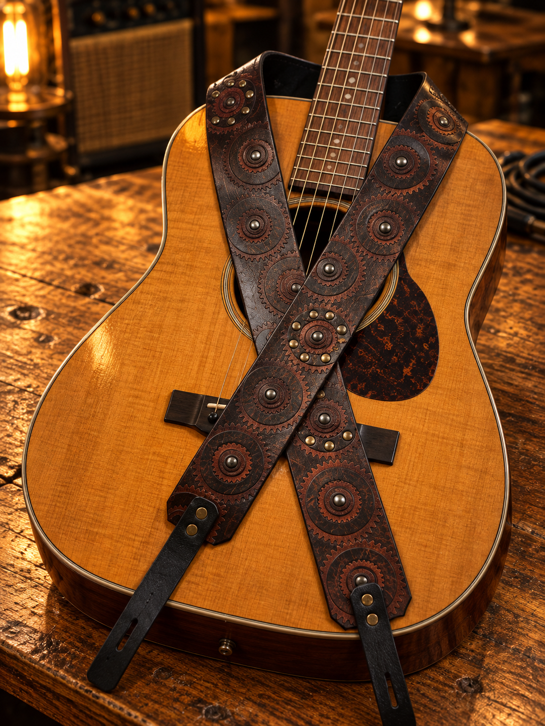 Ishaor Leather Guitar Strap - Brown with Triangle Logo - Personalized Gift for Musicians