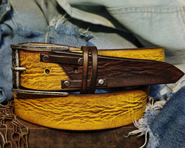 Mens Handcrafted Yellow with brown riveted Leather Belt