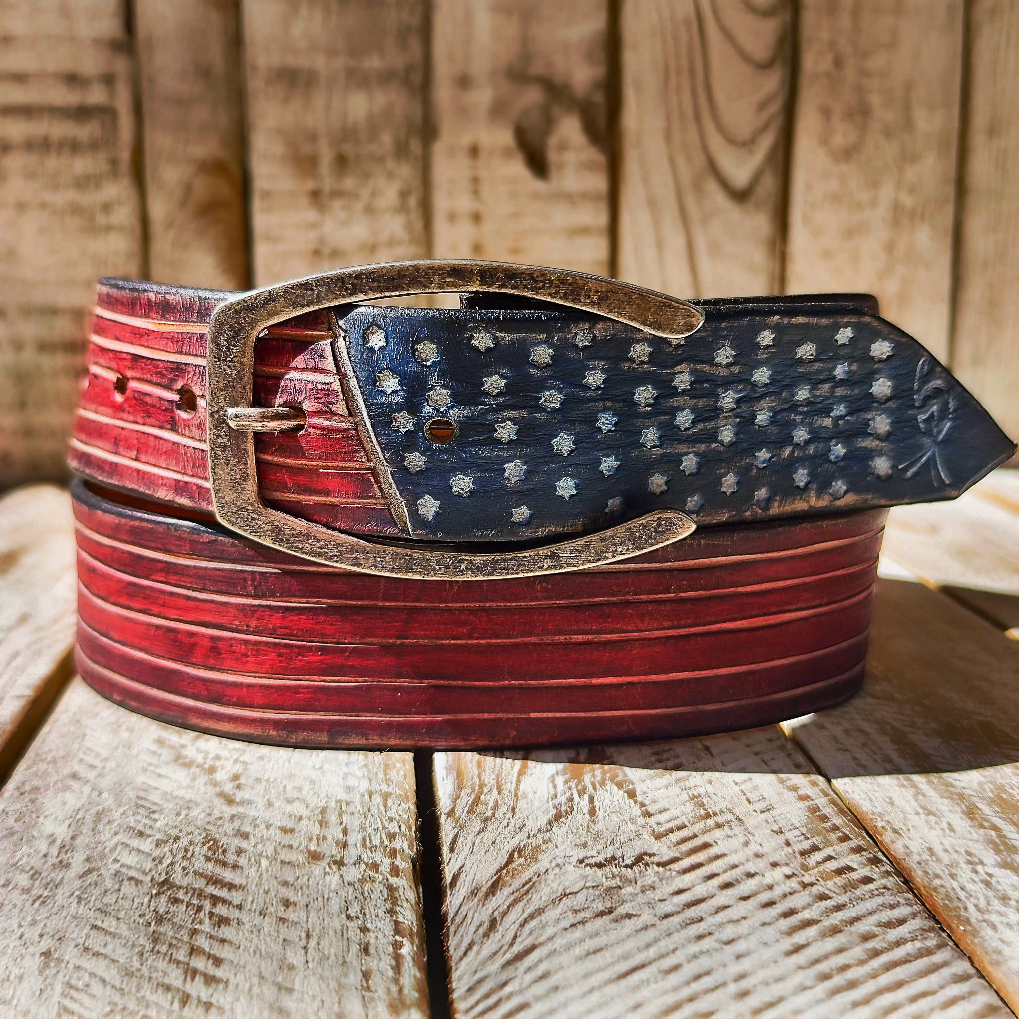 Handmade American Flag Leather Belt with Horseshoe Buckle - 42cm Wide Vintage Style for American Lovers