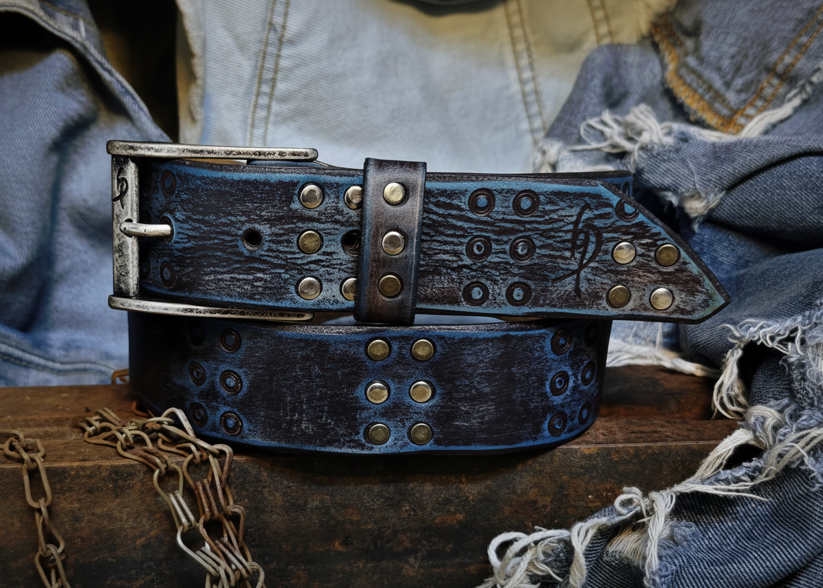 Handmade Brown Leather Belt with Blue Wash, Hi-Fi Stamped Design, Heavy-Duty Punk Rock Style