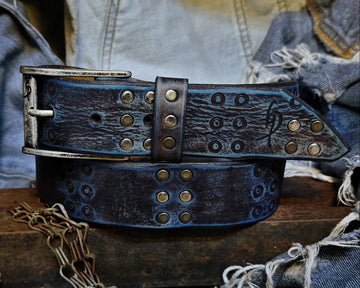 Handmade Brown Leather Belt with Blue Wash, Hi-Fi Stamped Design, Heavy-Duty Punk Rock Style