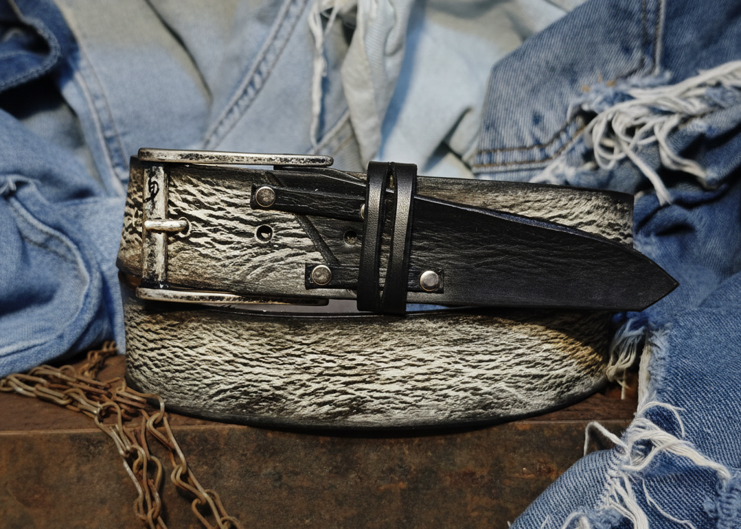 Handmade White Leather Belt with Black Wash - Unique Double Strap Design - Ishaor