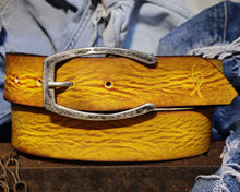 Handmade Yellow Leather Belt with Horseshoe silver Buckle Design - Personalizable Gift for Your Loved One