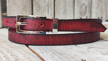 Handcrafted Narrow Leather Belt – 2cm | Deep Red & Black Wash Finish with Silver Buckle