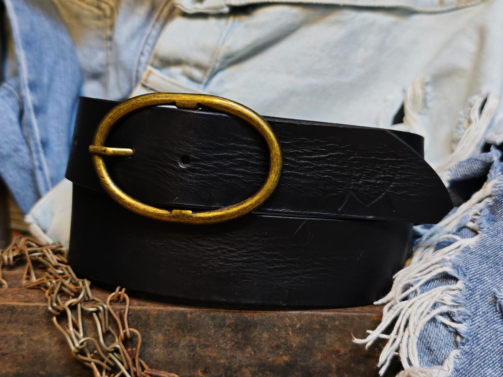 Handcrafted Black Leather Belt for Women with Vintage Oval Brass Buckle – Full Grain Premium Belt