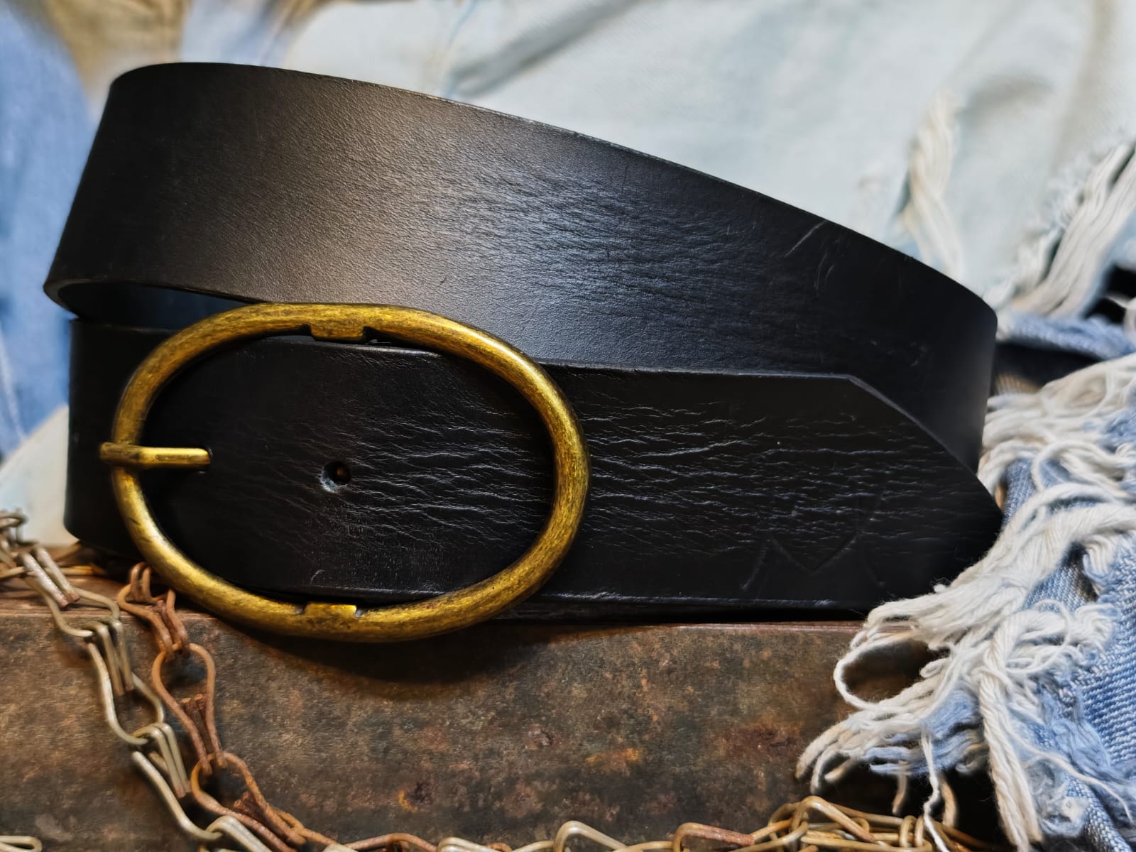 Handcrafted Black Leather Belt for Women with Vintage Oval Brass Buckle – Full Grain Premium Belt