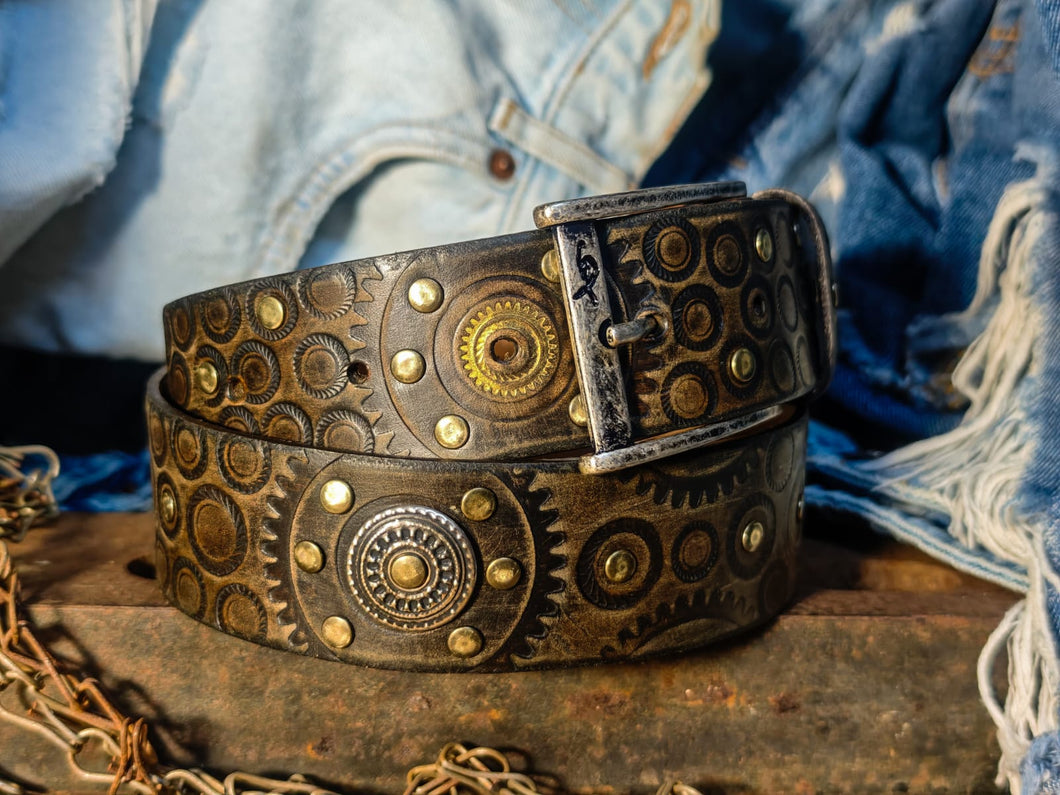 Ishaor Dark brown men's belt embossed with motorcycle gears, vintage finish and rivets, Unique design steampunk belt with silver Concho's for biker