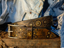 Ishaor Dark brown men's belt embossed with motorcycle gears, vintage finish and rivets, Unique design steampunk belt with silver Concho's for biker