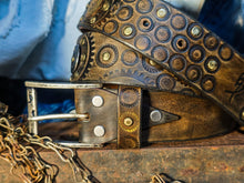 Ishaor Dark brown men's belt embossed with motorcycle gears, vintage finish and rivets, Unique design steampunk belt with silver Concho's for biker