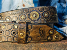 Ishaor Dark brown men's belt embossed with motorcycle gears, vintage finish and rivets, Unique design steampunk belt with silver Concho's for biker