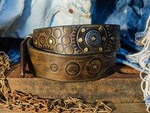 Ishaor Dark brown men's belt embossed with motorcycle gears, vintage finish and rivets, Unique design steampunk belt with silver Concho's for biker