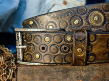 Ishaor Dark brown men's belt embossed with motorcycle gears, vintage finish and rivets, Unique design steampunk belt with silver Concho's for biker