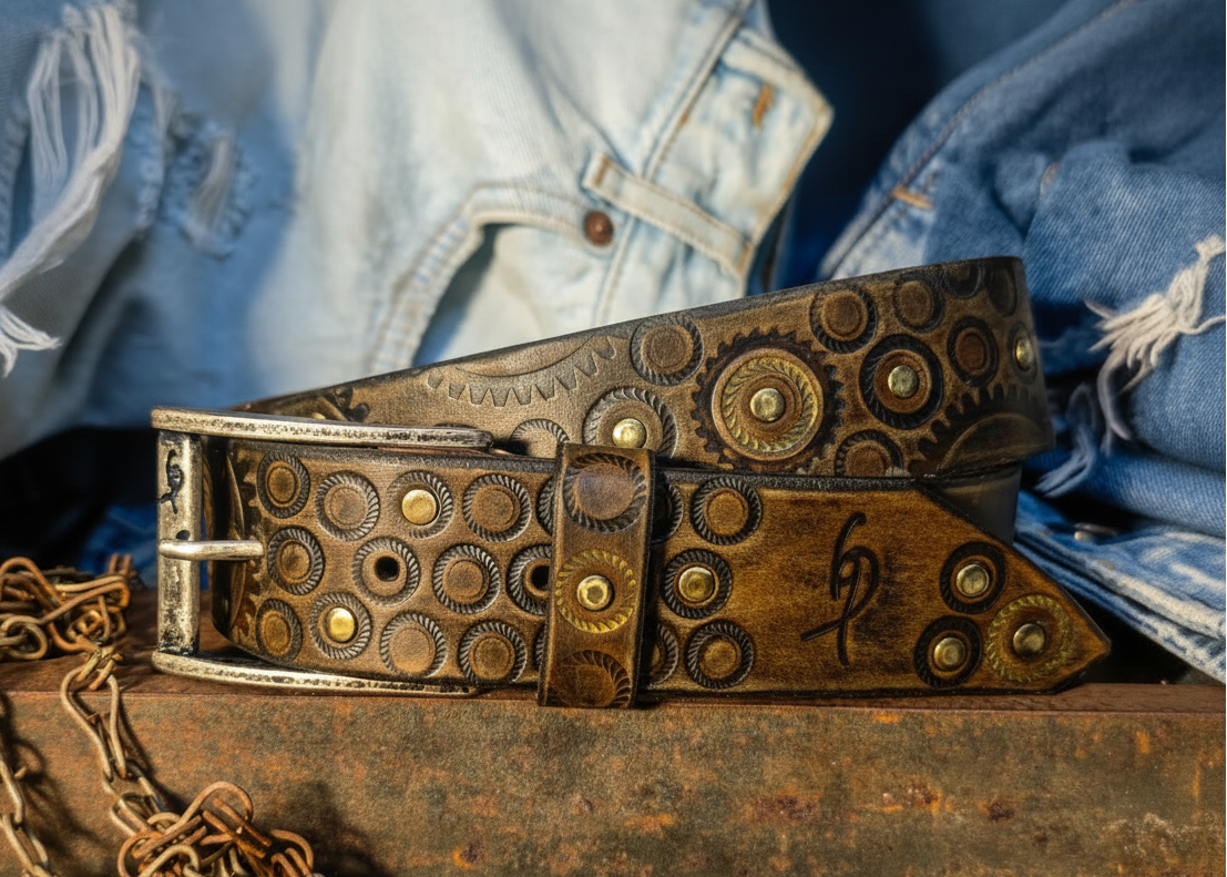 Ishaor Dark brown men's belt embossed with motorcycle gears, vintage finish and rivets, Unique design steampunk belt with silver Concho's for biker
