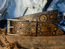Ishaor Dark brown men's belt embossed with motorcycle gears, vintage finish and rivets, Unique design steampunk belt with silver Concho's for biker