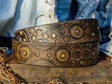 Ishaor Dark brown men's belt embossed with motorcycle gears, vintage finish and rivets, Unique design steampunk belt with silver Concho's for biker