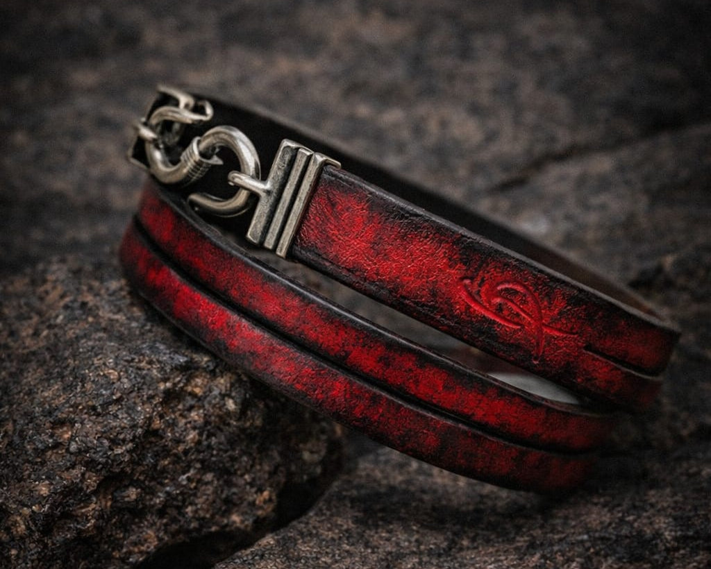 Red Leather Bracelet, Men's Bracelet, Men's Leather Bracelet, Wrap Bracelet, Leather Cuff, Men's Cuff, Genuine Leather, Cuff with Clasp