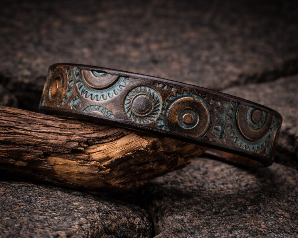 Handcrafted Steampunk Leather Bracelet - 1.5 cm Brown & Turquoise Motorcycle Gear Design by ISHAOR