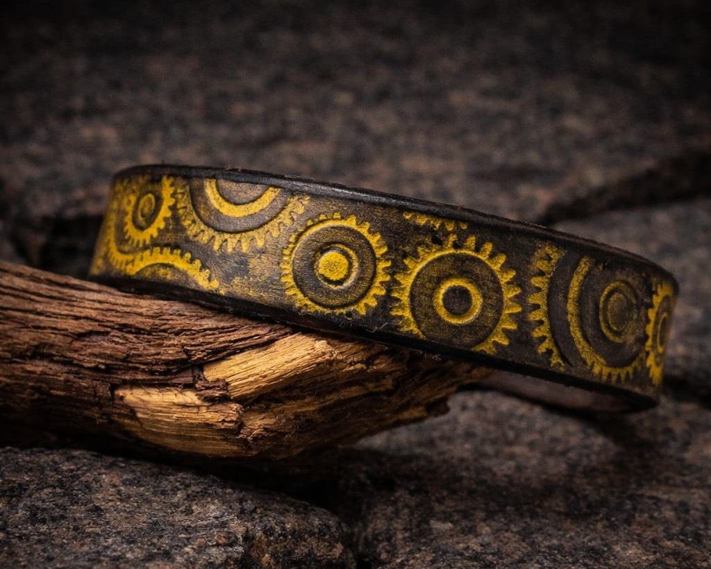 Handcrafted Steampunk Leather Bracelet - 1.5 cm Brown & Yellow Motorcycle Gear Design by ISHAOR