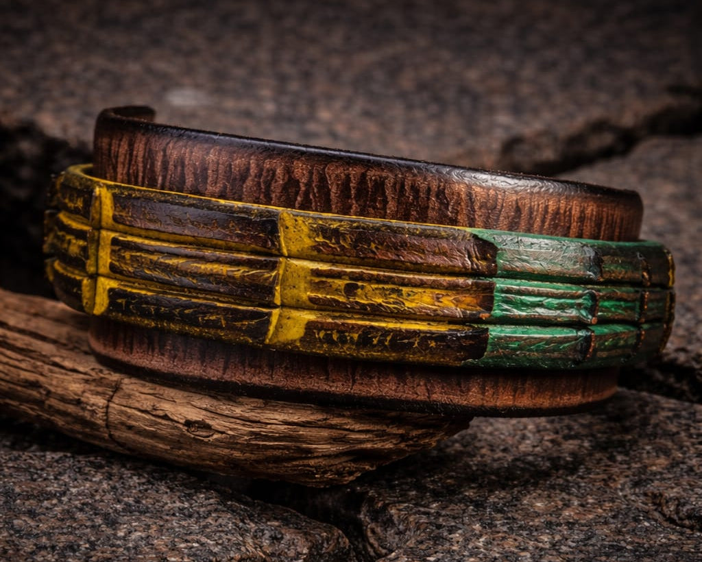 Brown Leather Mens Wrap Cuff Bracelet  Rasta Color  Crocodile Texture  Ishaor
