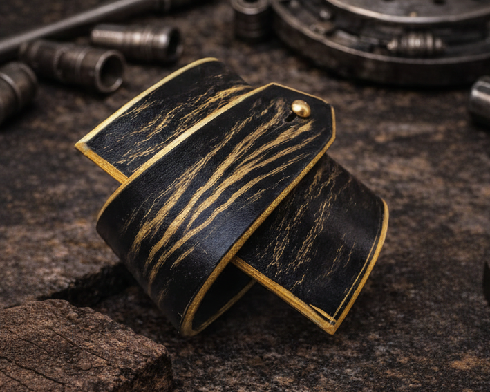 Black Leather Wrap Bracelet with Gold Geometry - Personalized Option Statement