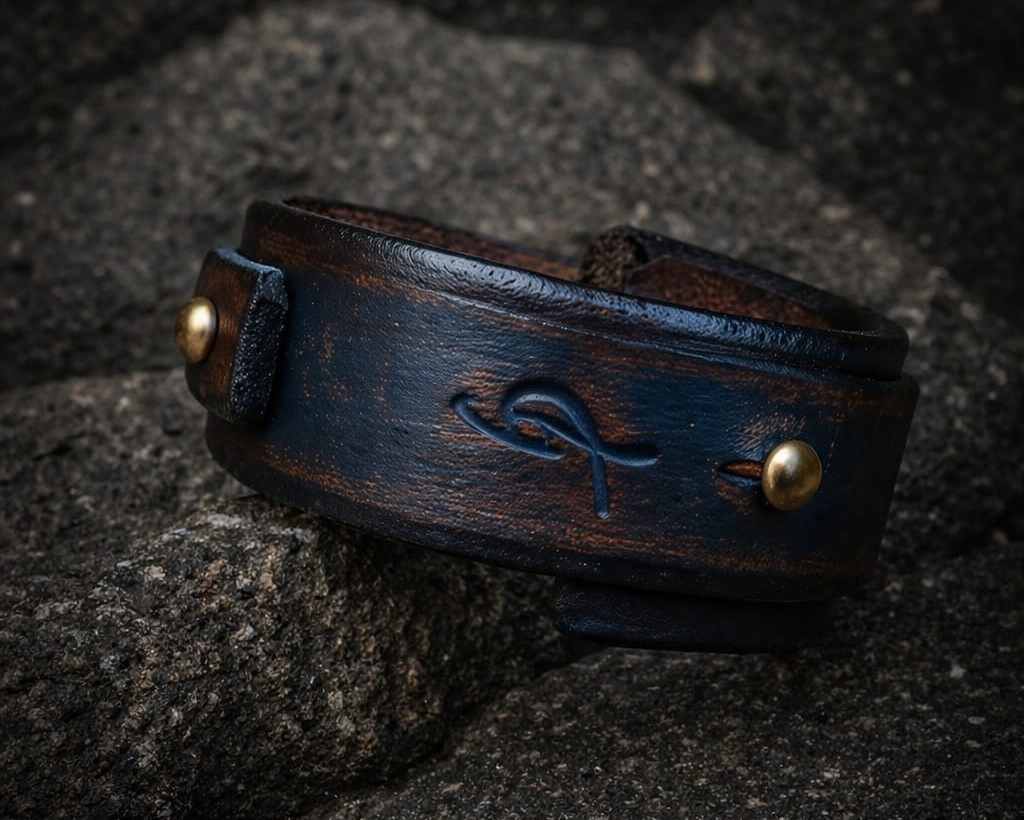 Handmade Blue Leather Cuff - Custom Mens Wrap Bracelet in Blue