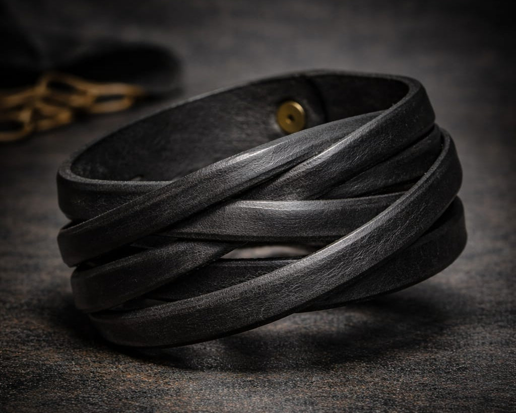 Handcrafted Black Leather Wrap Cuff Bracelet – Rustic Men’s Statement Piece with Brass Studs