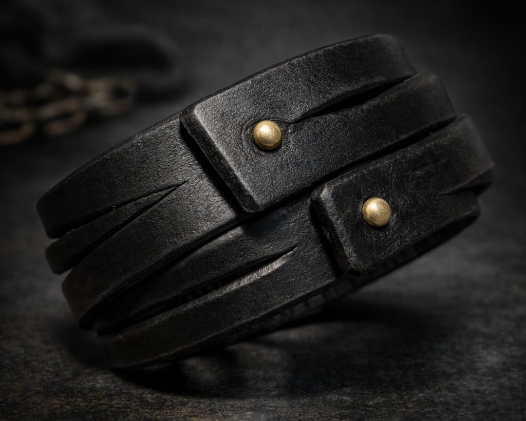 Handcrafted Black Leather Wrap Cuff Bracelet – Rustic Men’s Statement Piece with Brass Studs