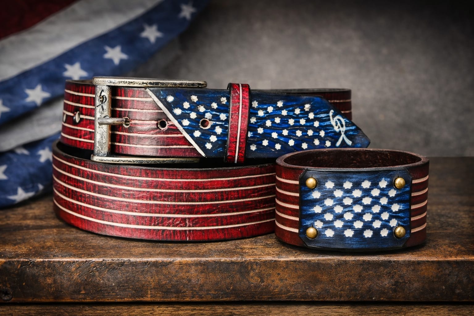Handcrafted American Flag Leather Cuff Bracelet