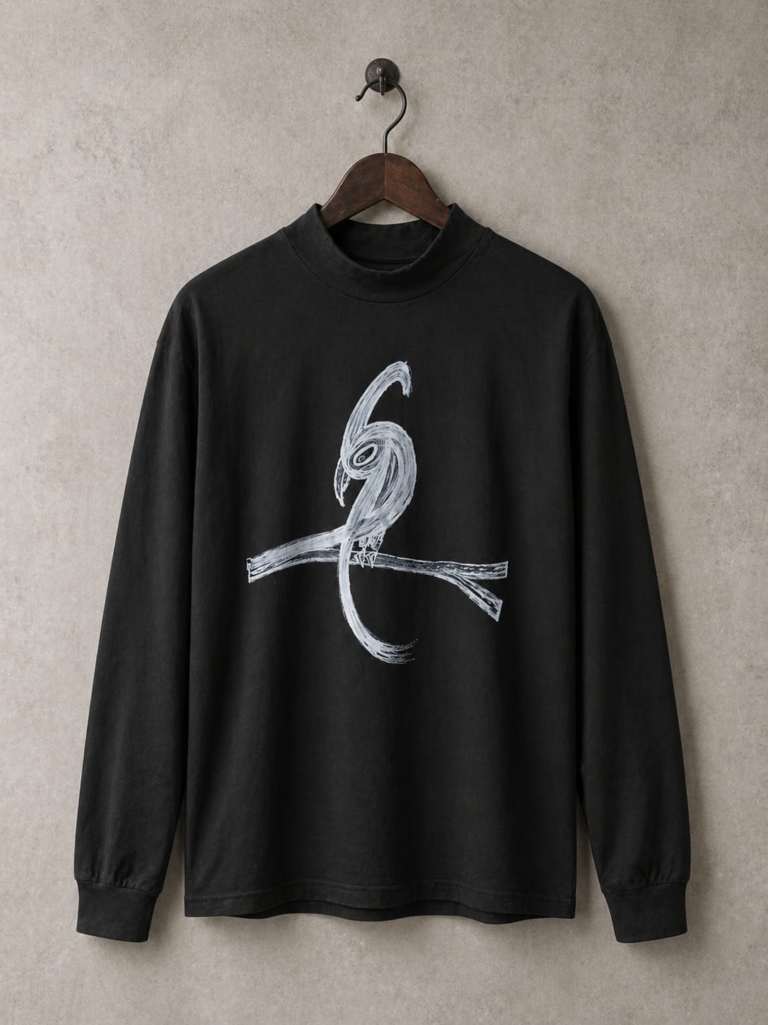 Black Long Sleeve Tee - Original Print by ISHAOR 100% Cotton ,Half-Turtle Neck Tee. stylish shirt to wear with jeans with ishaor bird print