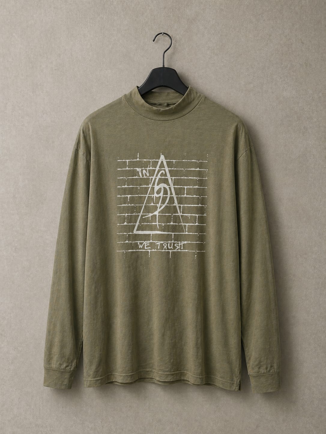 Olive Green Long Sleeve Tee - Original Print by ISHAOR 100% Cotton ,Half-Turtle Neck Tee. stylish shirt to wear with jeans