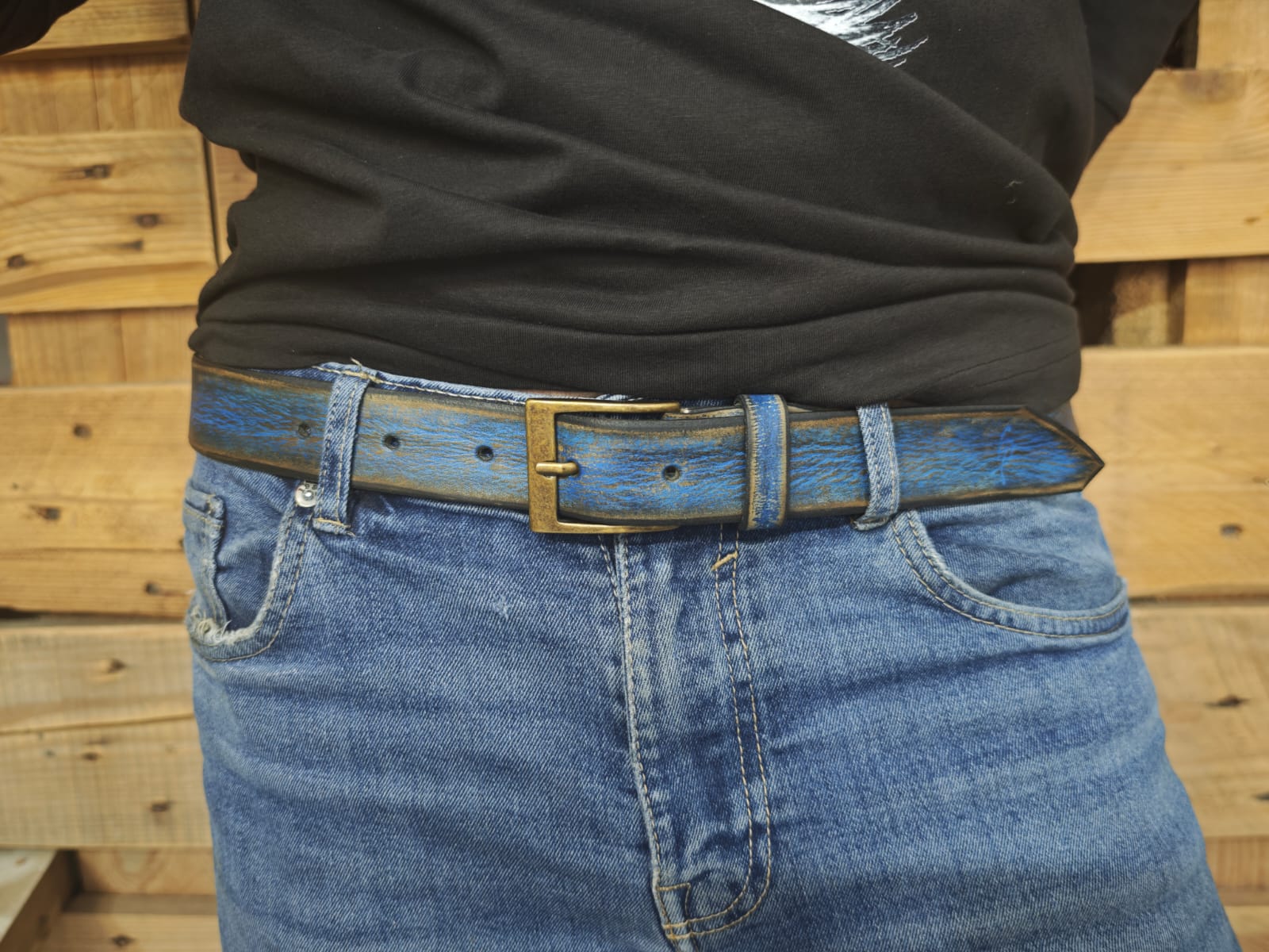 Men's Blue Leather Belt, Vintage Style, Custom Full Grain Leather