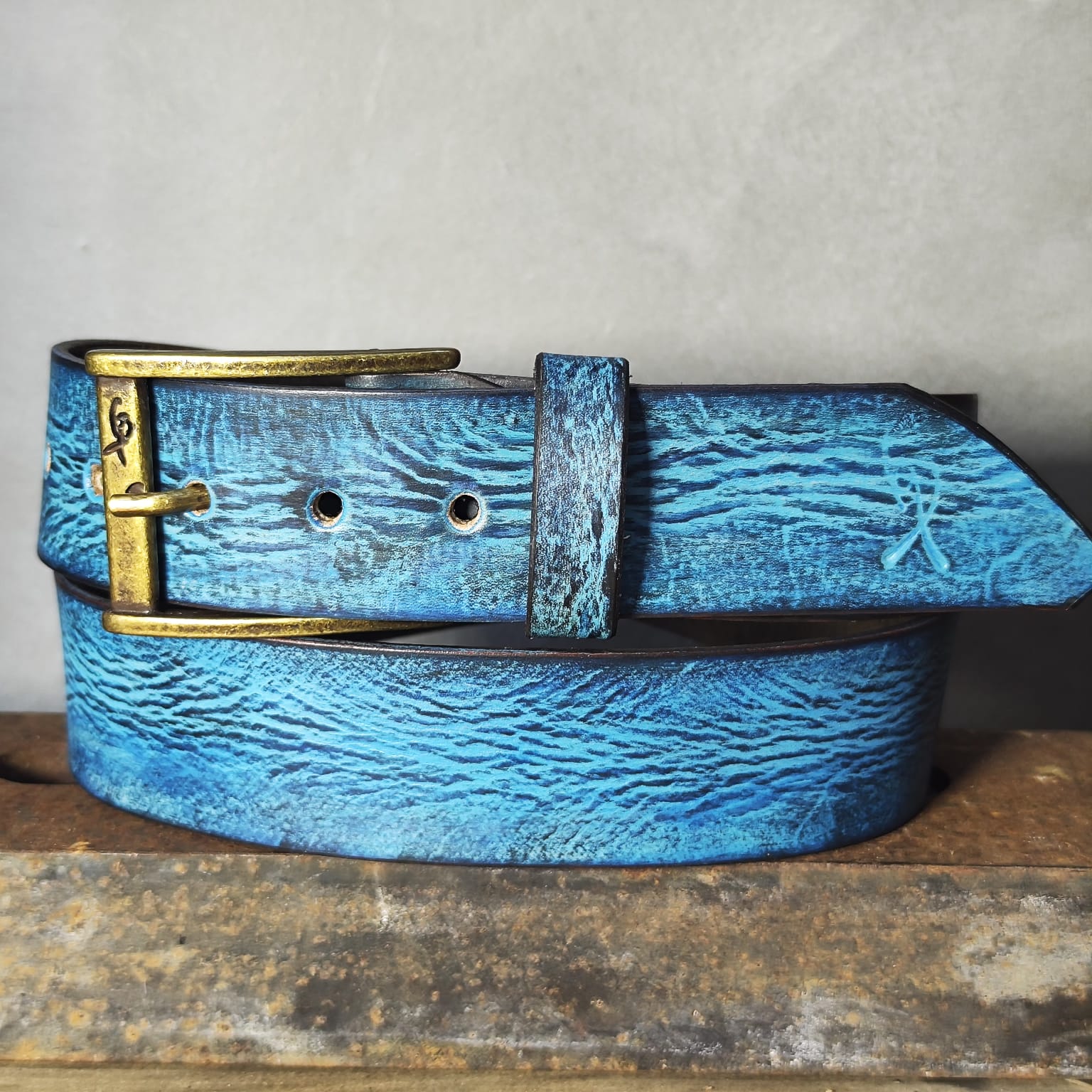 Ishaor Turquoise Color leather Belt with Blue and Black wash - Stylish Durable and Customized