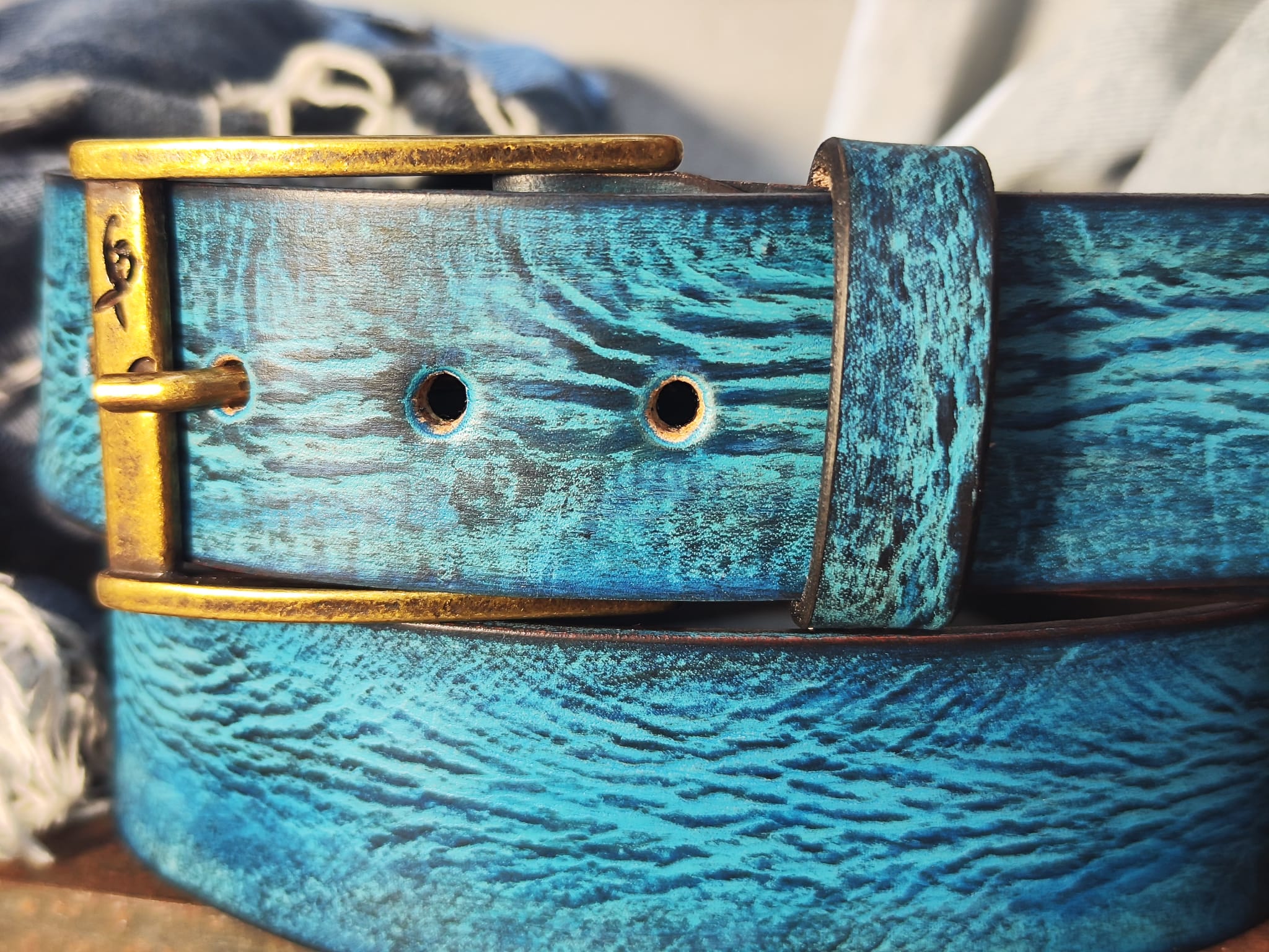 Ishaor Turquoise Color leather Belt with Blue and Black wash - Stylish Durable and Customized