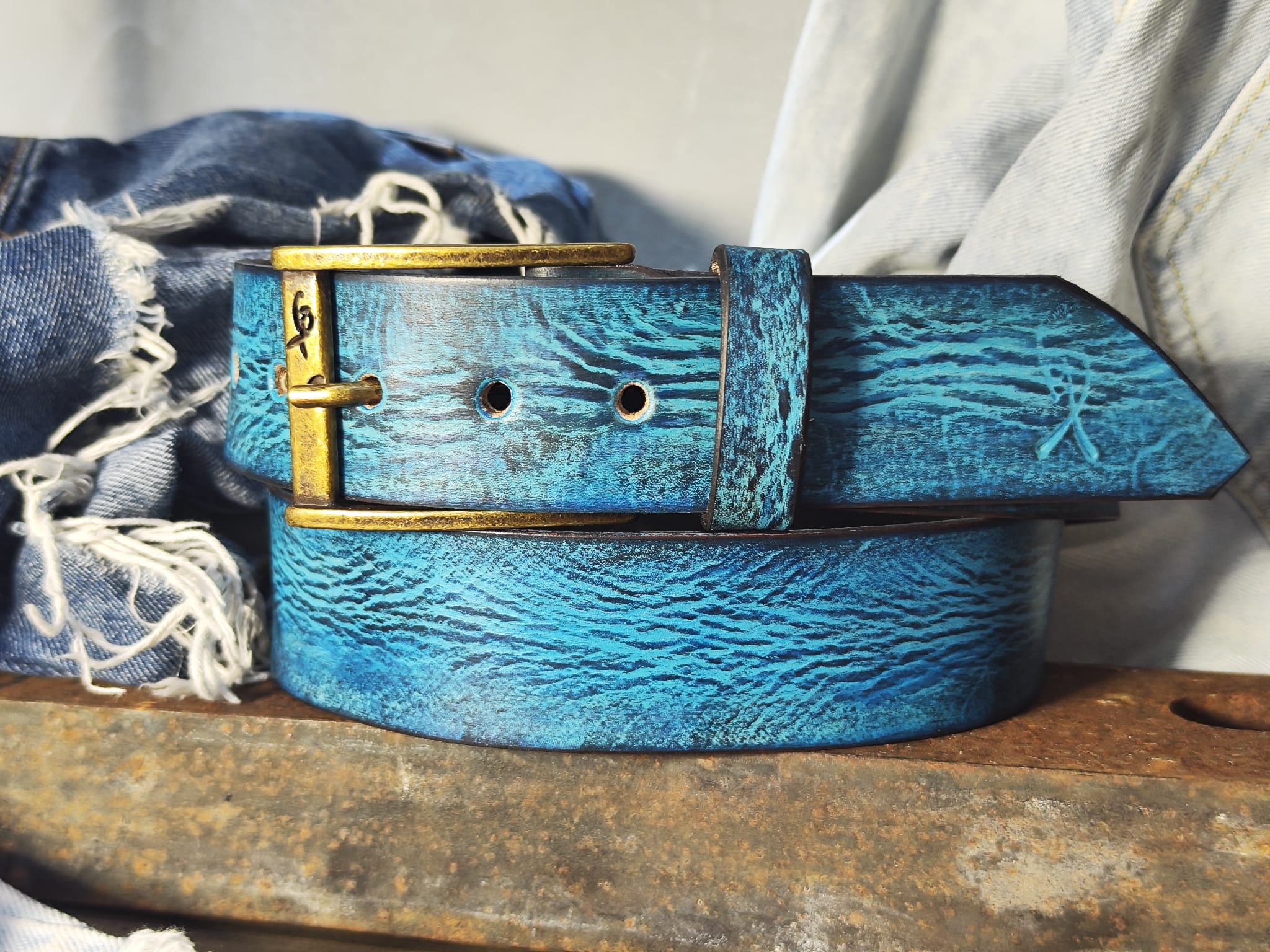 Ishaor Turquoise Color leather Belt with Blue and Black wash - Stylish Durable and Customized