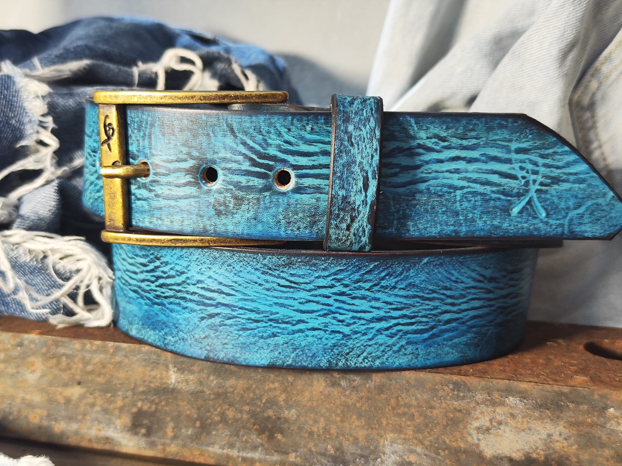 Ishaor Turquoise Color leather Belt with Blue and Black wash - Stylish Durable and Customized