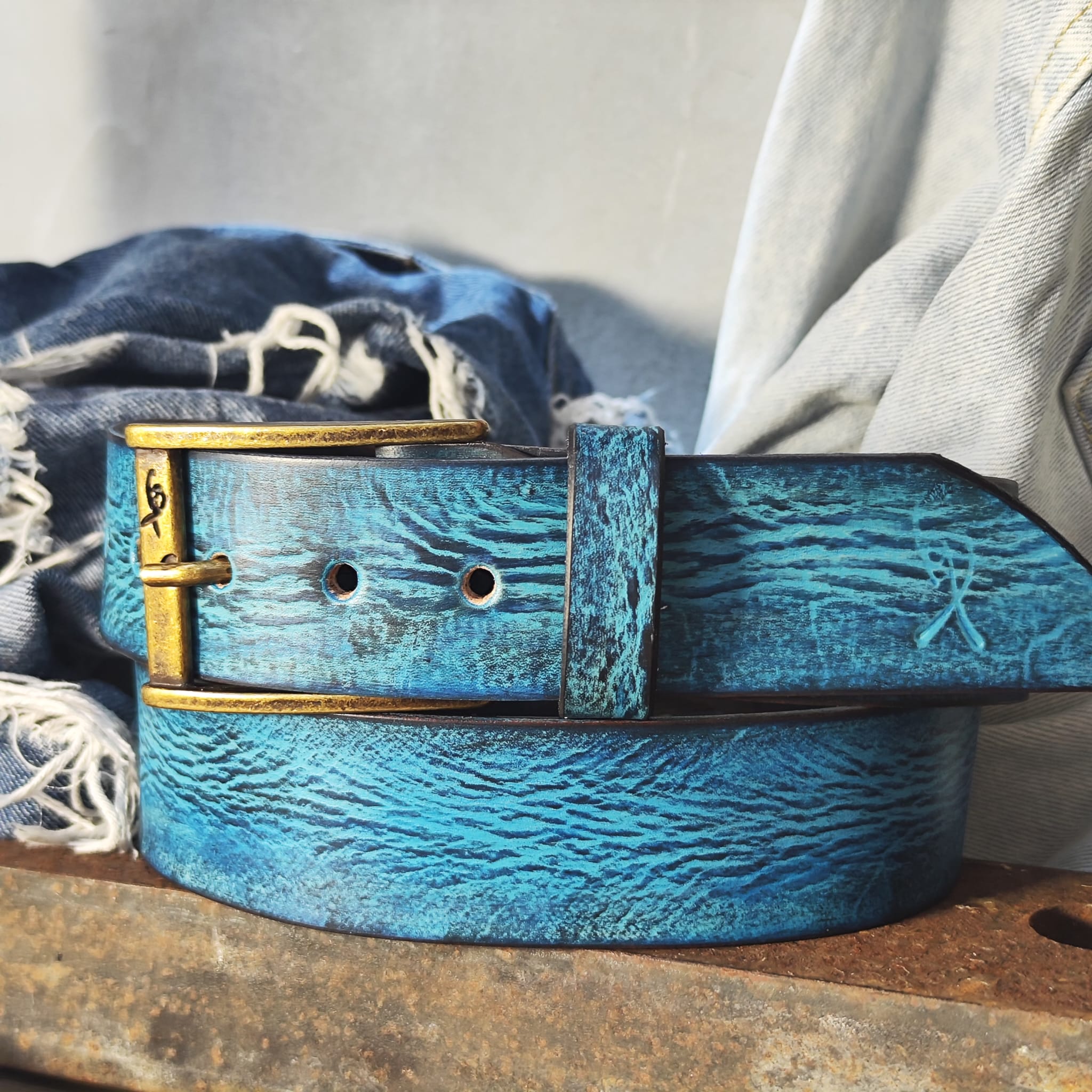 Ishaor Turquoise Color leather Belt with Blue and Black wash - Stylish Durable and Customized