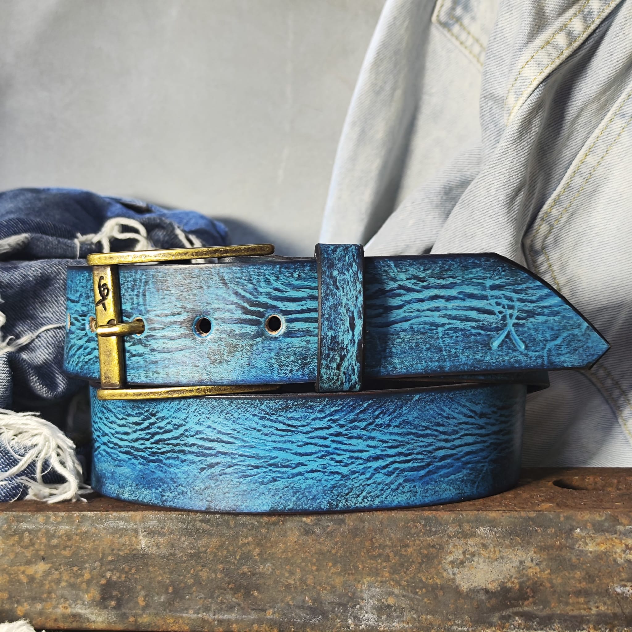 Ishaor Turquoise Color leather Belt with Blue and Black wash - Stylish Durable and Customized