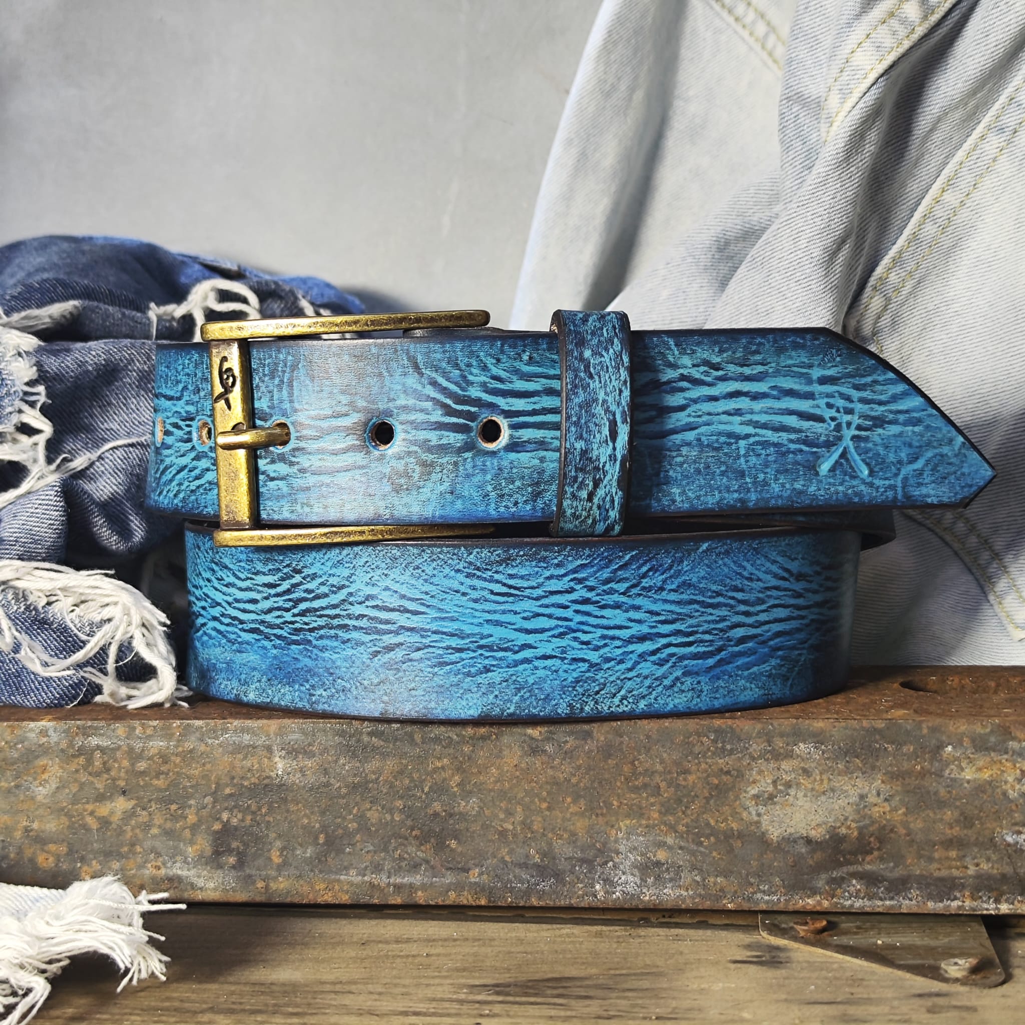 Ishaor Turquoise Color leather Belt with Blue and Black wash - Stylish Durable and Customized