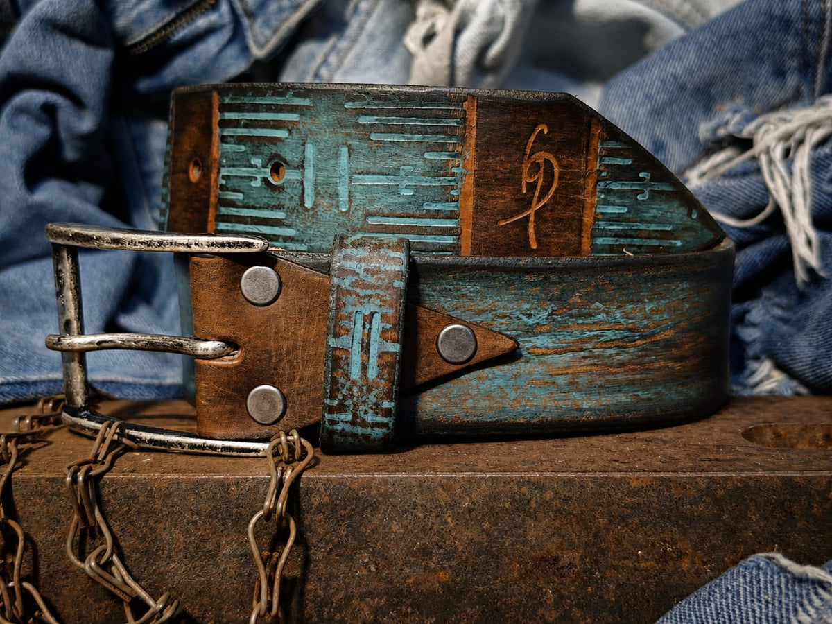 Handmade Brown & Turquoise Leather Belt - Computer-Inspired Design by Ishaor
