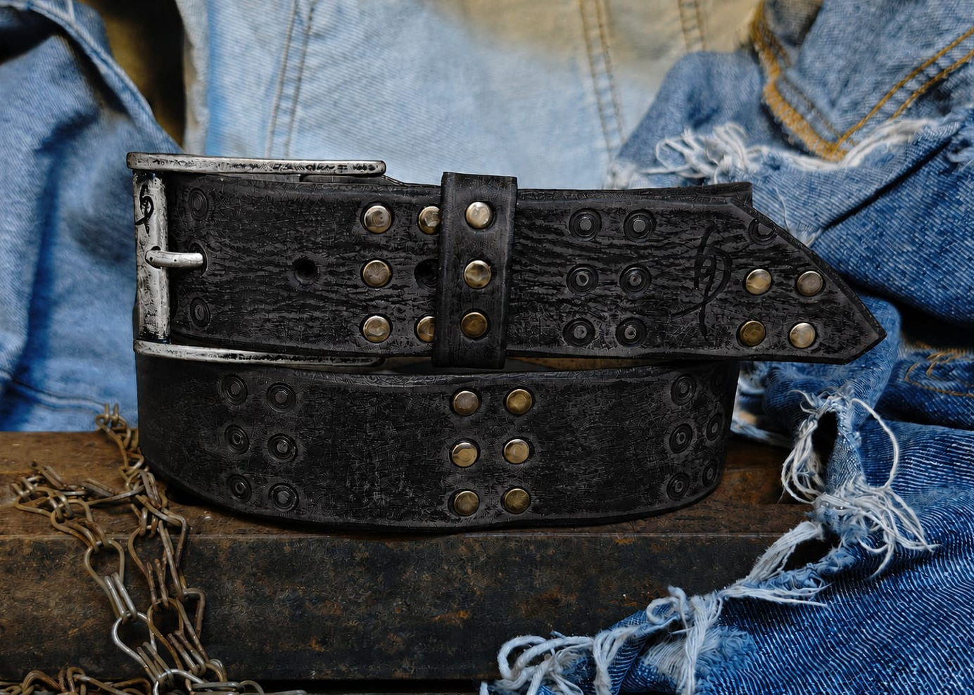 Ishaor Handmade Black Leather Belt with RCA Stamps - Vintage Finish Genuine Leather Silver Rivets