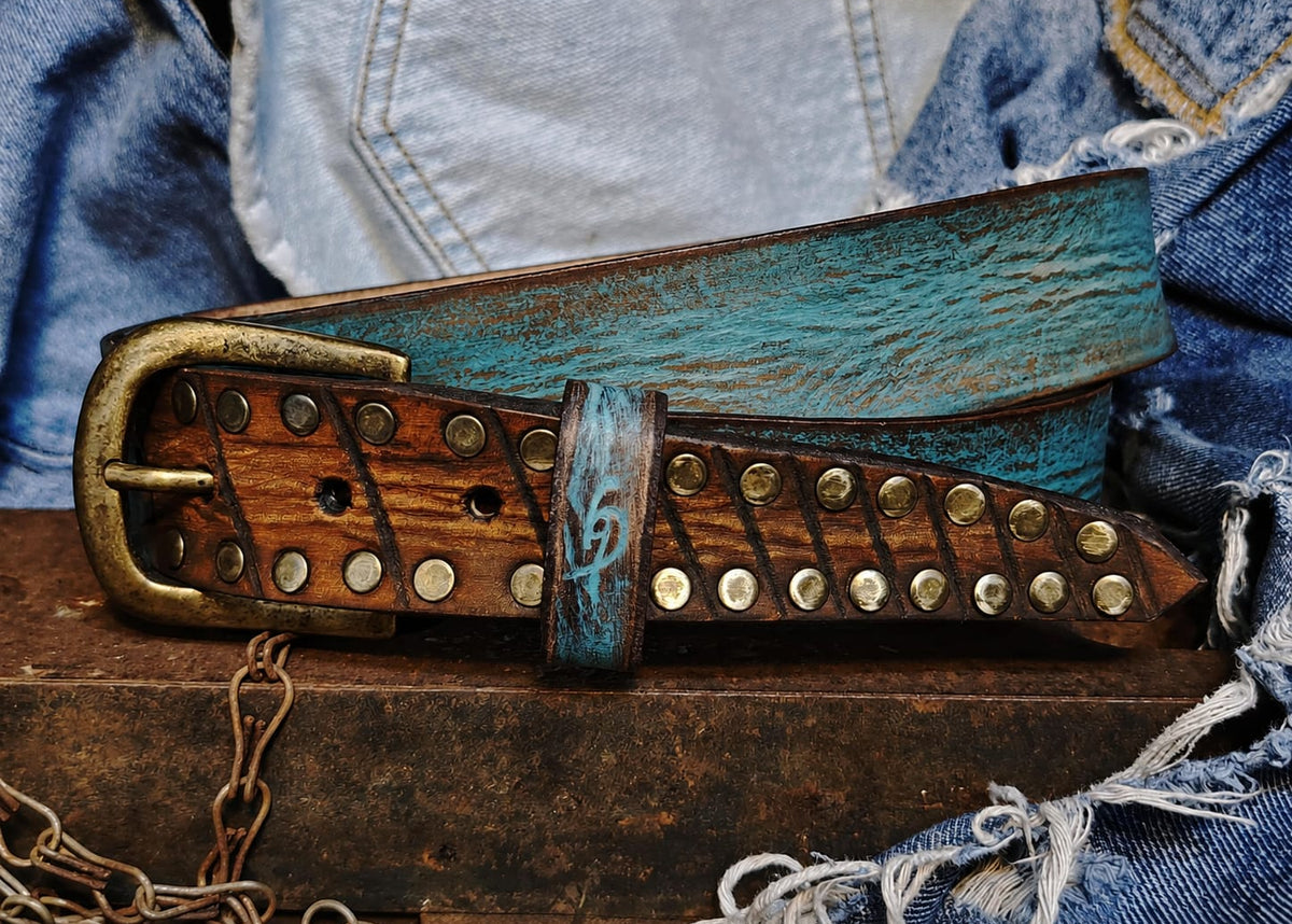 Handcrafted Turquoise & Brown Full-Grain Leather Belt for Men – ISHAOR