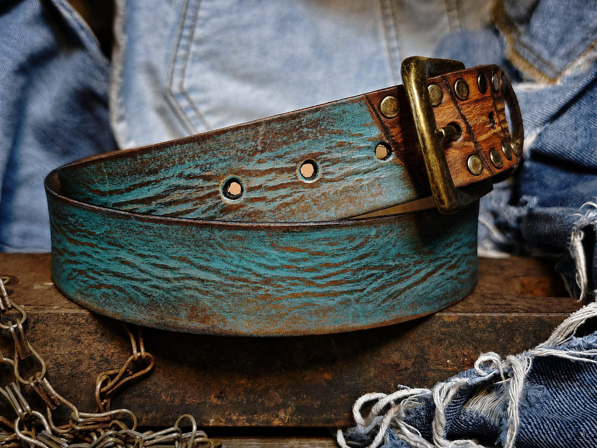 Handcrafted Turquoise & Brown Full-Grain Leather Belt for Men – ISHAOR